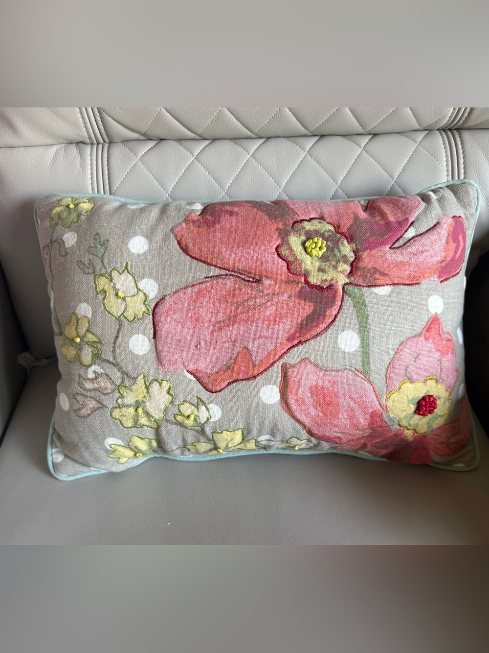 Pier 1 Coral Floral Accent Pillow Mint Piping French Knots Classic 3D Stitching